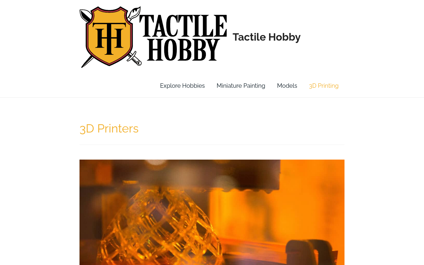 First screen of the 3D Printers blog category (https://tactilehobby.com/category/3d-printers/): '3D Printers' heading with article listing of 3D-printing guide posts.